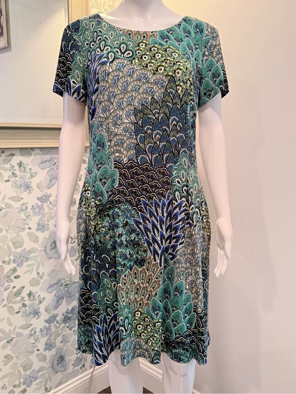connected apparel Teal and Navy Peacock-Print Midi Dress